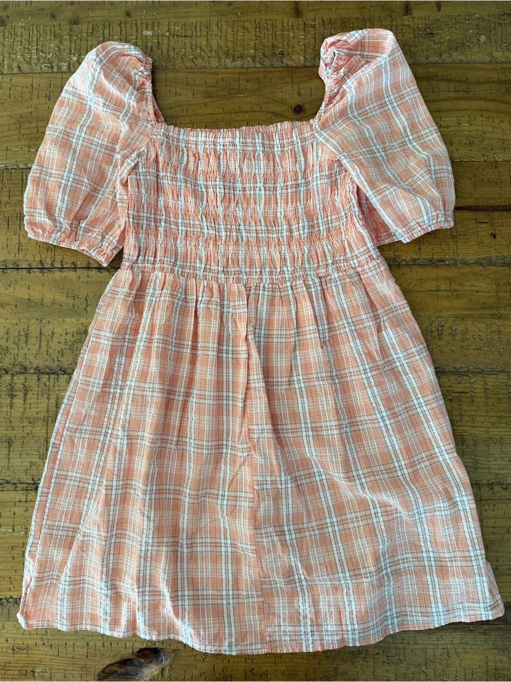Umgee Peach Plaid Smocked Mini Dress